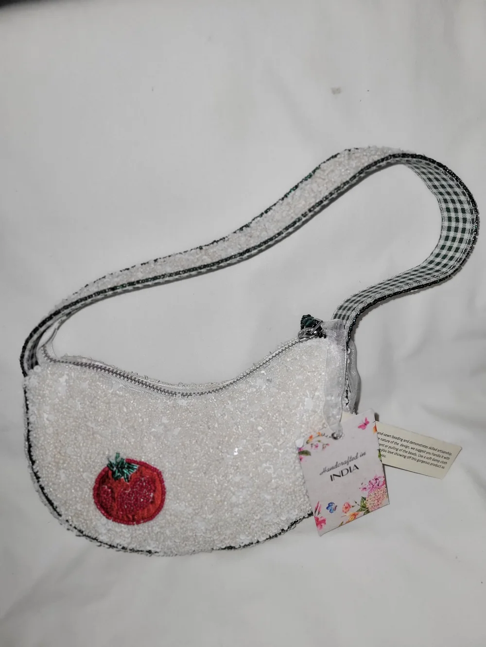 Handcrafted Beaded Vegetable Motif Shoulder Bag - White